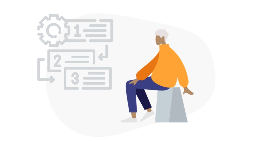 woman sitting with a step process displayed behind her